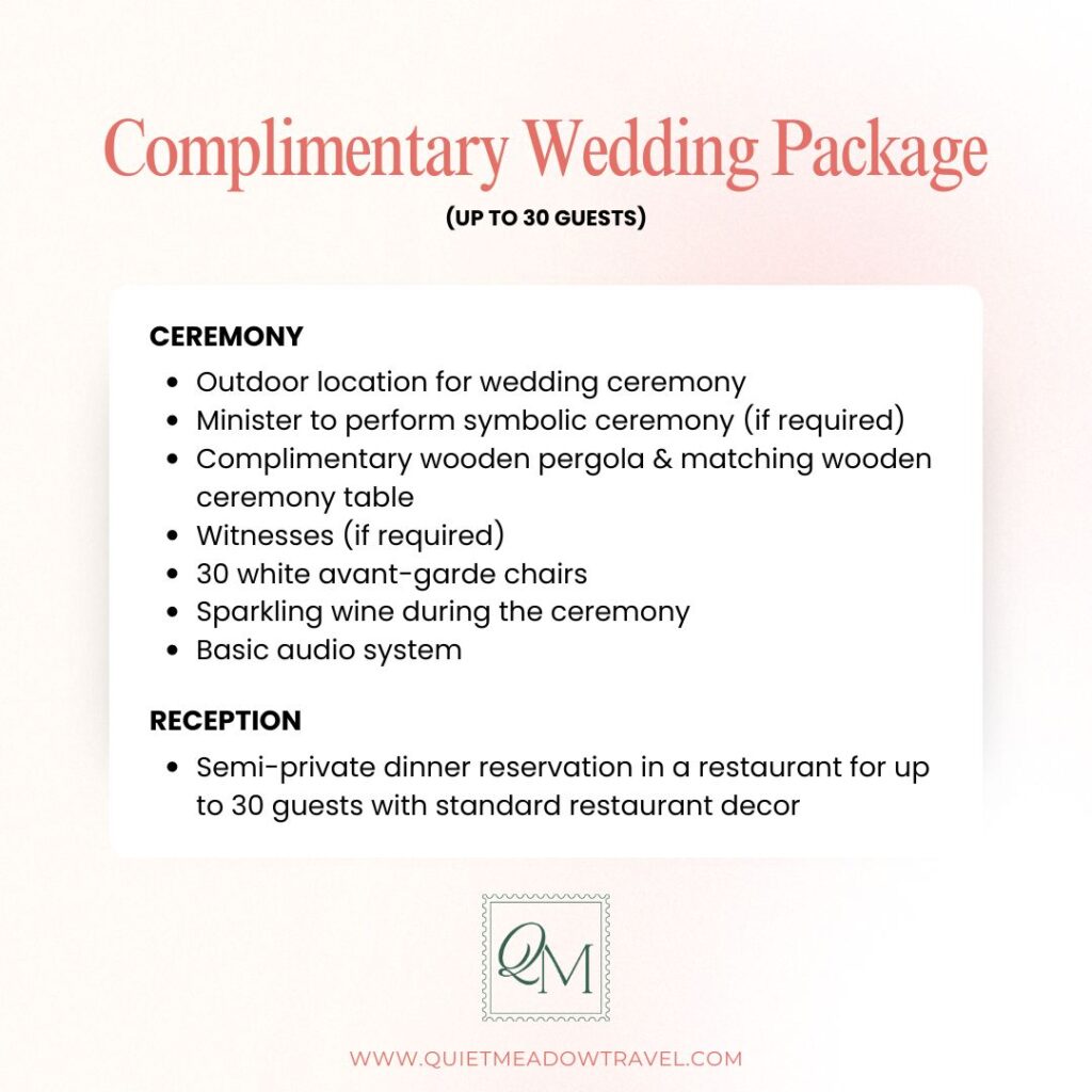 graphic of a complimentary wedding package for up to 30 guests