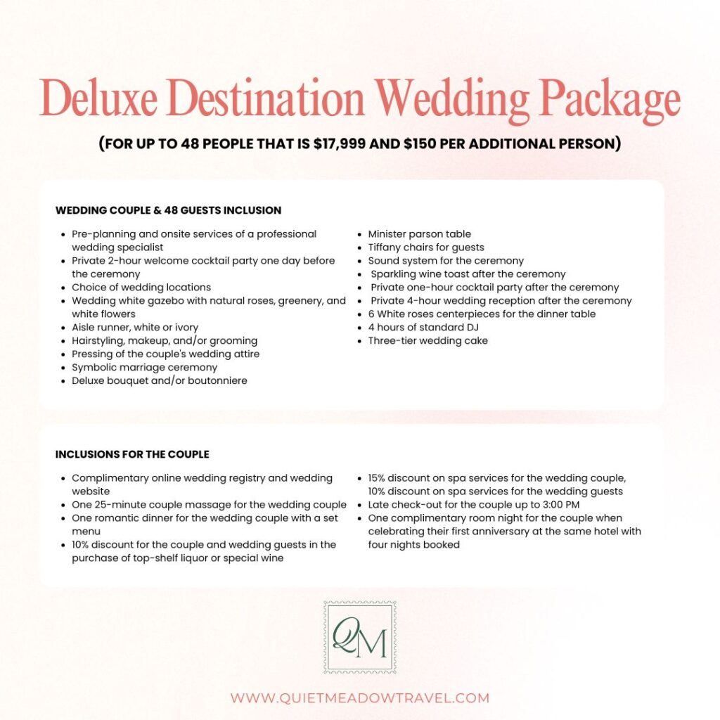 graphic that shows destination wedding packages and prices for a deluxe destination wedding package